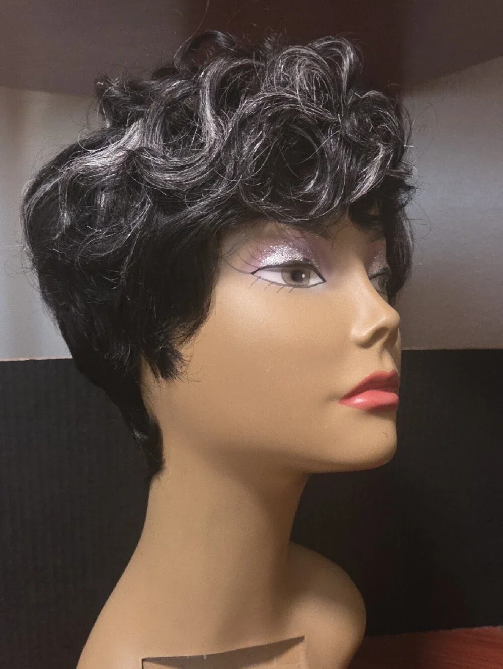 Short Black and Silver Pixie Wig - Women Hair